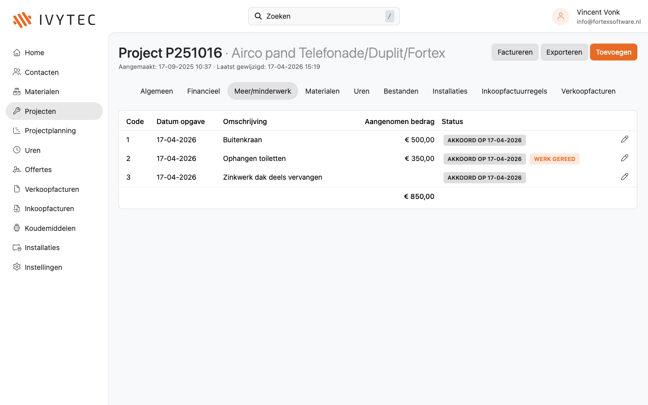 Ivytec schermafbeelding – Meer- en minderwerk