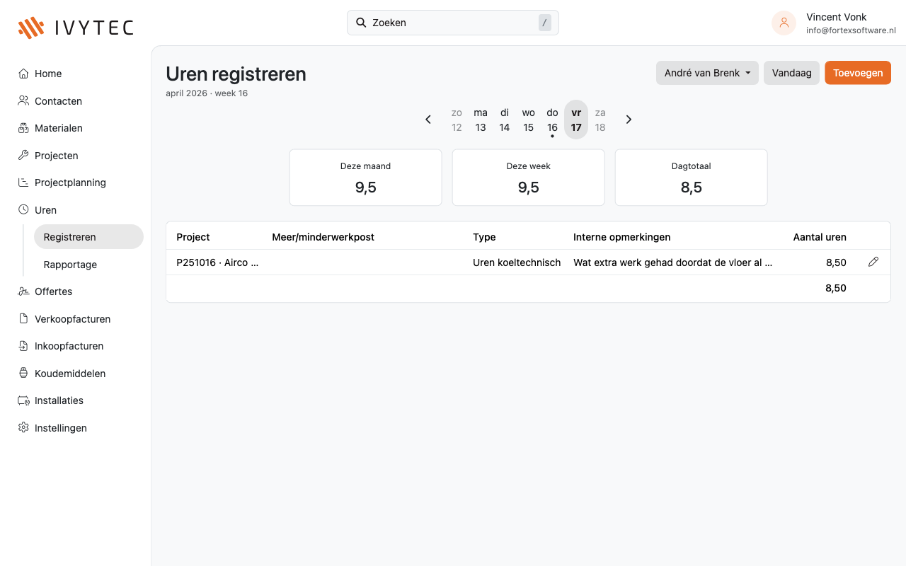 Ivytec schermafbeelding – Uren & Planning